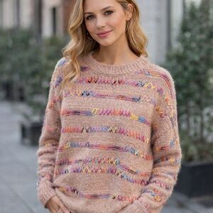 Davi & Dani Dusty Pink Chunky Knit Rainbow Embroidered Sweater Cozy Boho